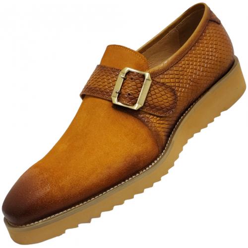 Carrucci Honey Calfskin / Suede Burnished Rubber Soled Monk Strap Shoes KS518-02SC